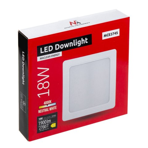 Panel LED sufitowy Maclean, podtynkowy SLIM, 18W, Neutral White 4000K, 170*170*26mm, 1800lm, MCE374 S Panel LED sufitowy Maclean, podtynkowy SLIM, 18W, Neutral White 4000K, 170*170*26mm, 1800lm, MCE374 S