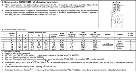HAK SKRACAJĄCY SWORZNIOWY G10 16MM WLL 10T HAK SKRACAJĄCY SWORZNIOWY G10 16MM WLL 10T