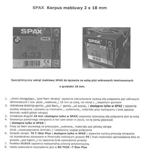 WKRĘT MEBLOWY DO ŁĄCZENIA PŁYT 4.0*33MM SPAX WKRĘT MEBLOWY DO ŁĄCZENIA PŁYT 4.0*33MM SPAX