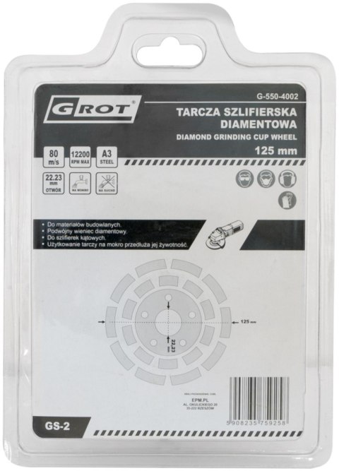 TARCZA SZLIFIERSKA DIAMENTOWA GS-2 125MM TARCZA SZLIFIERSKA DIAMENTOWA GS-2 125MM
