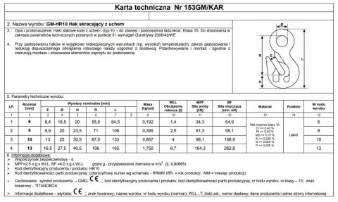 HAK SKRACAJĄCY Z UCHEM GM-HR10 13MM WLL 6.7 HAK SKRACAJĄCY Z UCHEM GM-HR10 13MM WLL 6.7