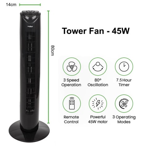 Wentylator kolumnowy GreenBlue 45W z 3 poziomami siły nawiewu, 82cm wysokości, 1,5m przewodu, z pilotem i timerem GB645