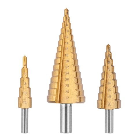 Wiertła stopniowe 4-12, 4-20, 4-32 mm, TiN, zestaw 3 szt. Wiertła stopniowe 4-12, 4-20, 4-32 mm, TiN, zestaw 3 szt.