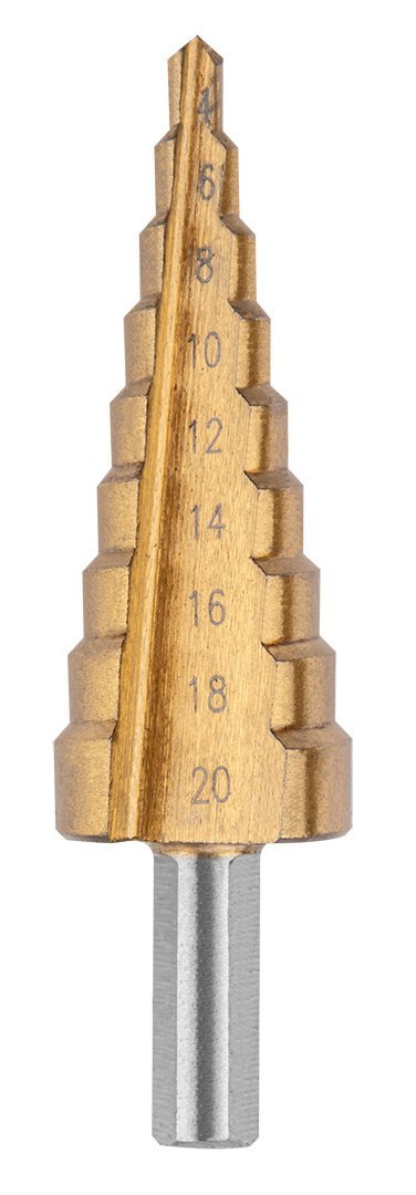 Wiertła stopniowe 4-12, 4-20, 4-32 mm, TiN, zestaw 3 szt. Wiertła stopniowe 4-12, 4-20, 4-32 mm, TiN, zestaw 3 szt.