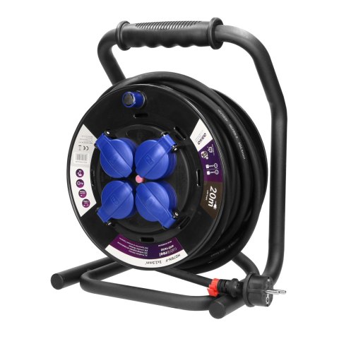 Przedłużacz bębnowy profesjonalny IP44, 4 gniazda 2P+Z (schuko), kabel gumowy olejoodporny, H07RN-F 3x2,5mm2, długość 20m, unika Przedłużacz bębnowy profesjonalny IP44, 4 gniazda 2P+Z (schuko), kabel gumowy olejoodporny, H07RN-F 3x2,5mm2, długość 20m, unika