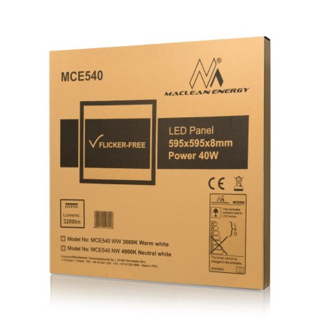 Panel LED Maclean, Sufitowy, slim 40W, 595x595x8mm, neutral white (4000K), raster, funkcja FLICKER-FREE, MCE540 Panel LED Maclean, Sufitowy, slim 40W, 595x595x8mm, neutral white (4000K), raster, funkcja FLICKER-FREE, MCE540
