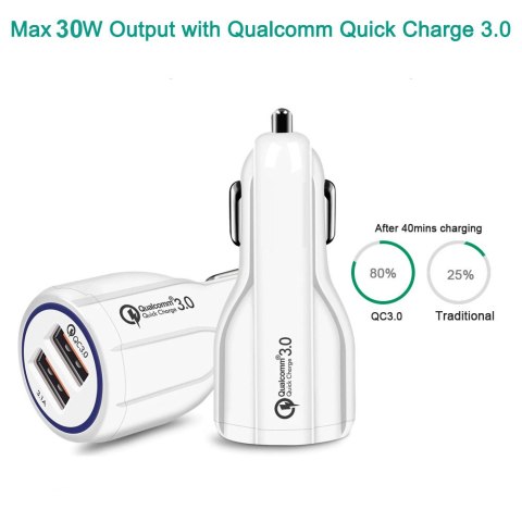 Ładowarka samochodowa Maclean, Qualcomm Quick Charge, QC 3.0 - 5V/3A, 9V/1.8A, 12V/1.6A, Gniazdo 5V/3.1A, Biała, MCE478 W