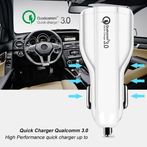 Ładowarka samochodowa Maclean, Qualcomm Quick Charge, QC 3.0 - 5V/3A, 9V/1.8A, 12V/1.6A, Gniazdo 5V/3.1A, Biała, MCE478 W