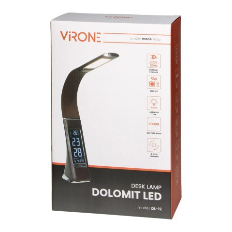 DOLOMIT LED 5W, lampka biurkowa z budzikiem, 300lm, 4000K, czarna